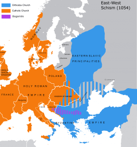 Karte von Europa und Ostasien mit eingezeichneten Einflusssphären der katholischen und der orthodoxen Kirche 1054